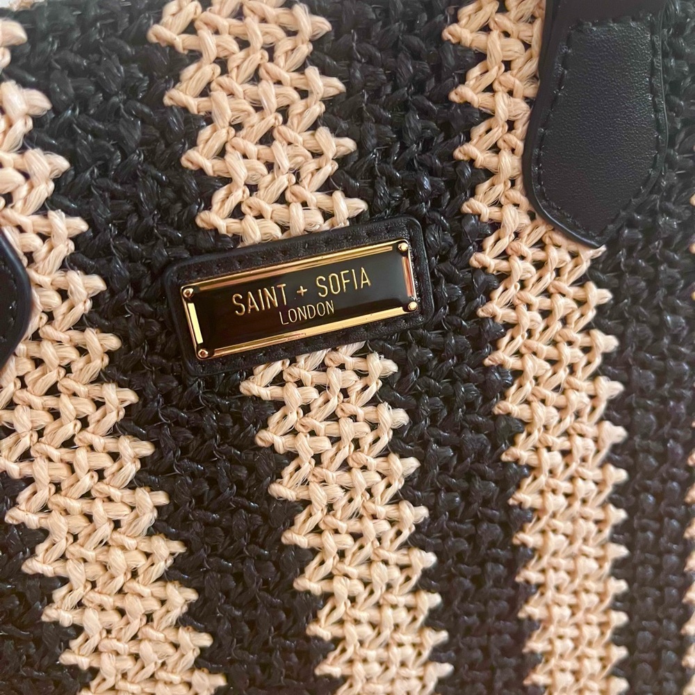 SAINT & SOFIA Mini Tote Bag Raffia Black/Tan Leather Artisan Handbag W/Strap - Picture 3 of 15